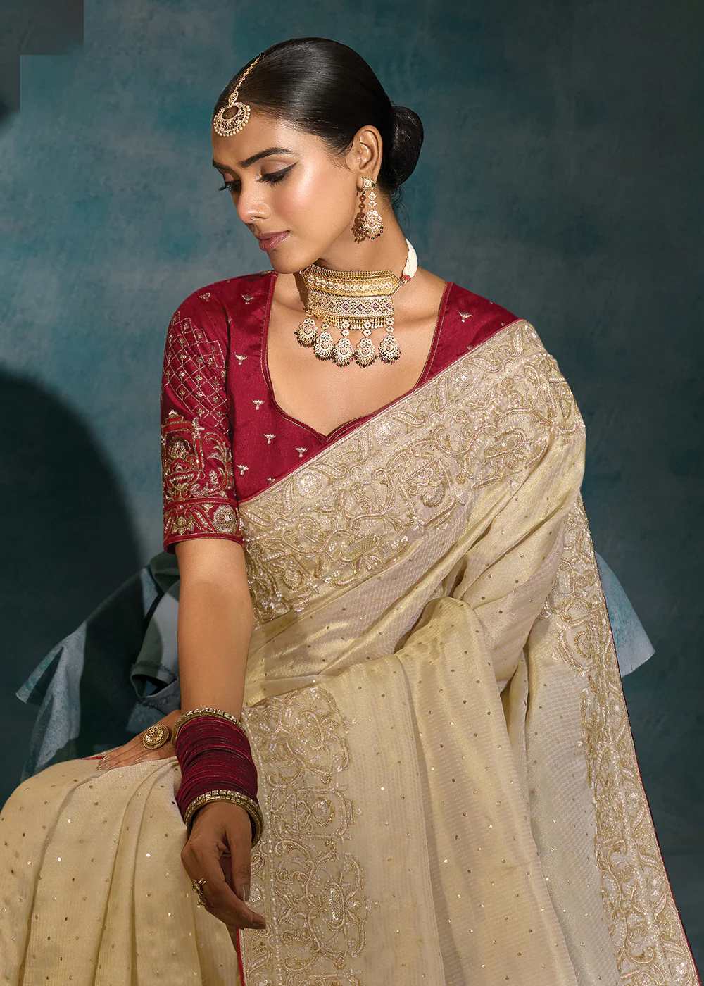 Cream Silk Cut Dana & Mirror Work Designer Saree - Image 2