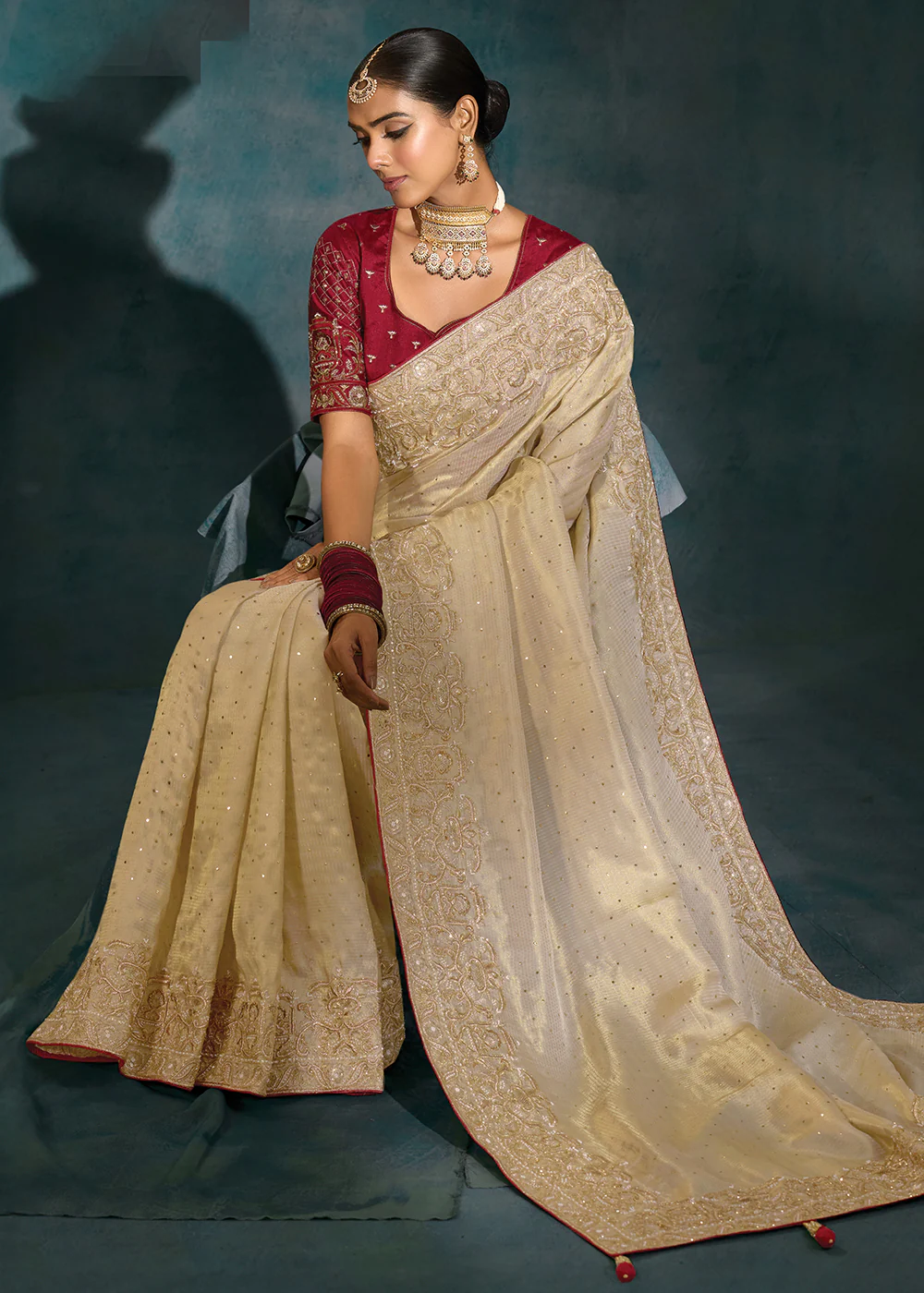 Cream Silk Cut Dana & Mirror Work Designer Saree - Image 5