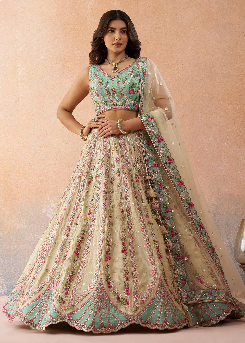 Cream & Sky Tissue Fabric Premium Wedding Lehenga Choli