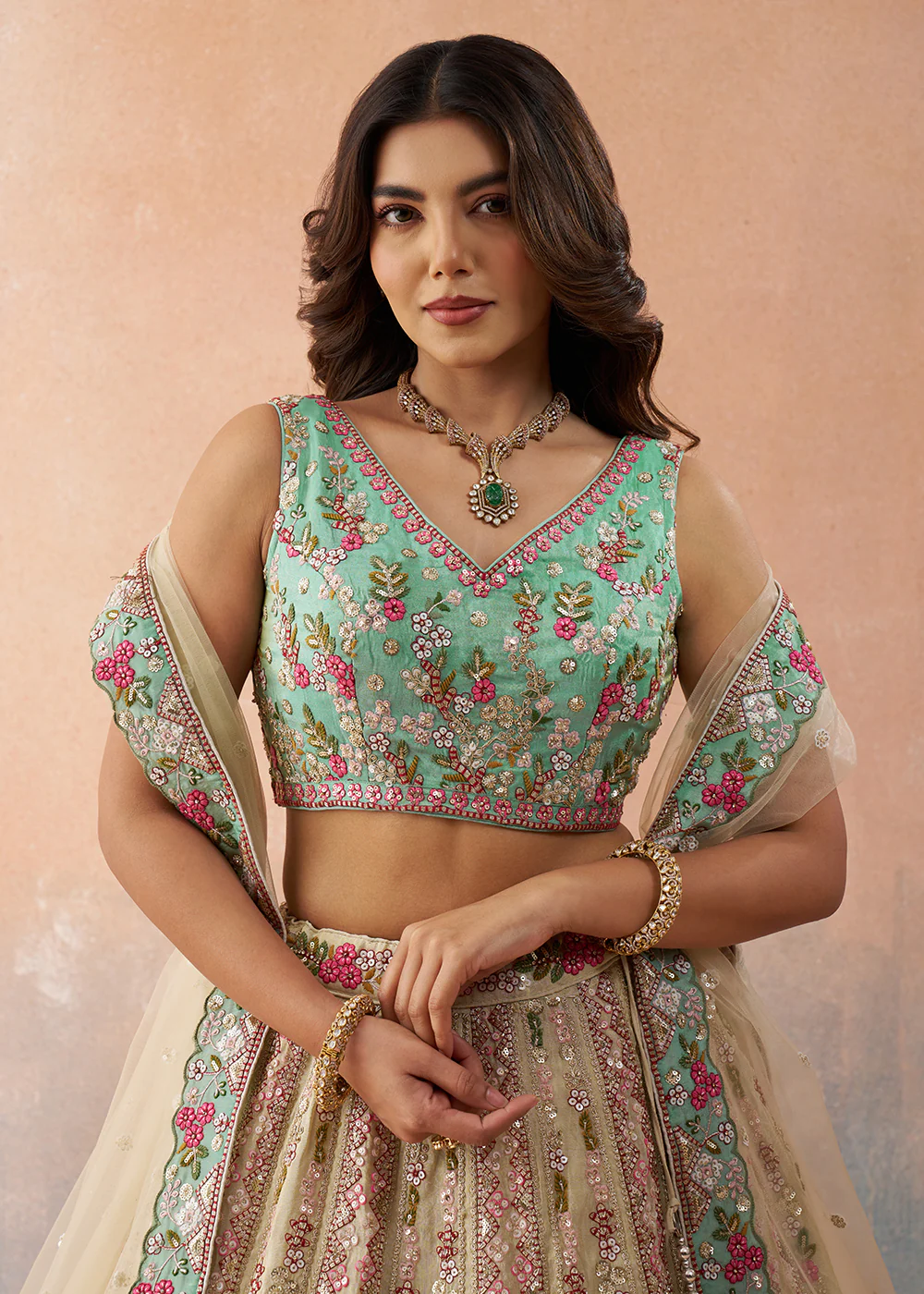 Cream & Sky Tissue Fabric Premium Wedding Lehenga Choli - Image 2