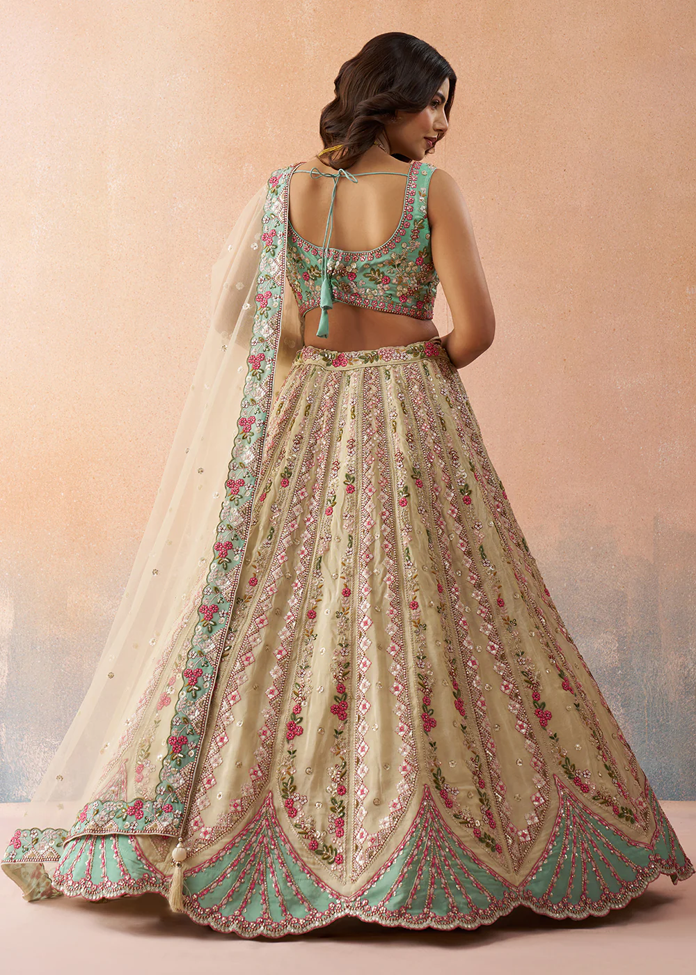 Cream & Sky Tissue Fabric Premium Wedding Lehenga Choli - Image 3