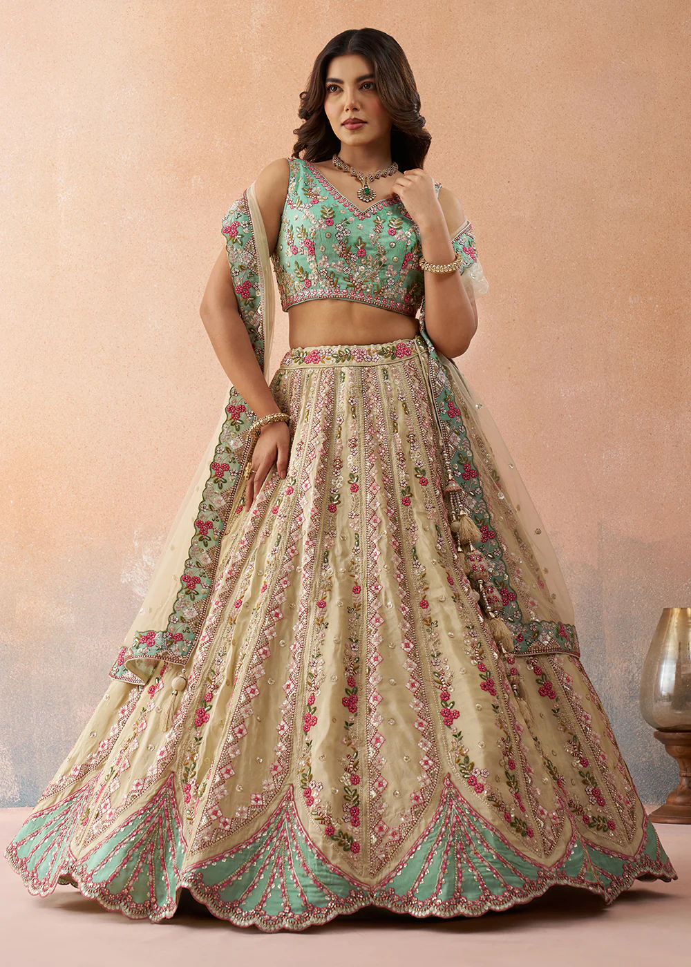 Cream & Sky Tissue Fabric Premium Wedding Lehenga Choli - Image 4
