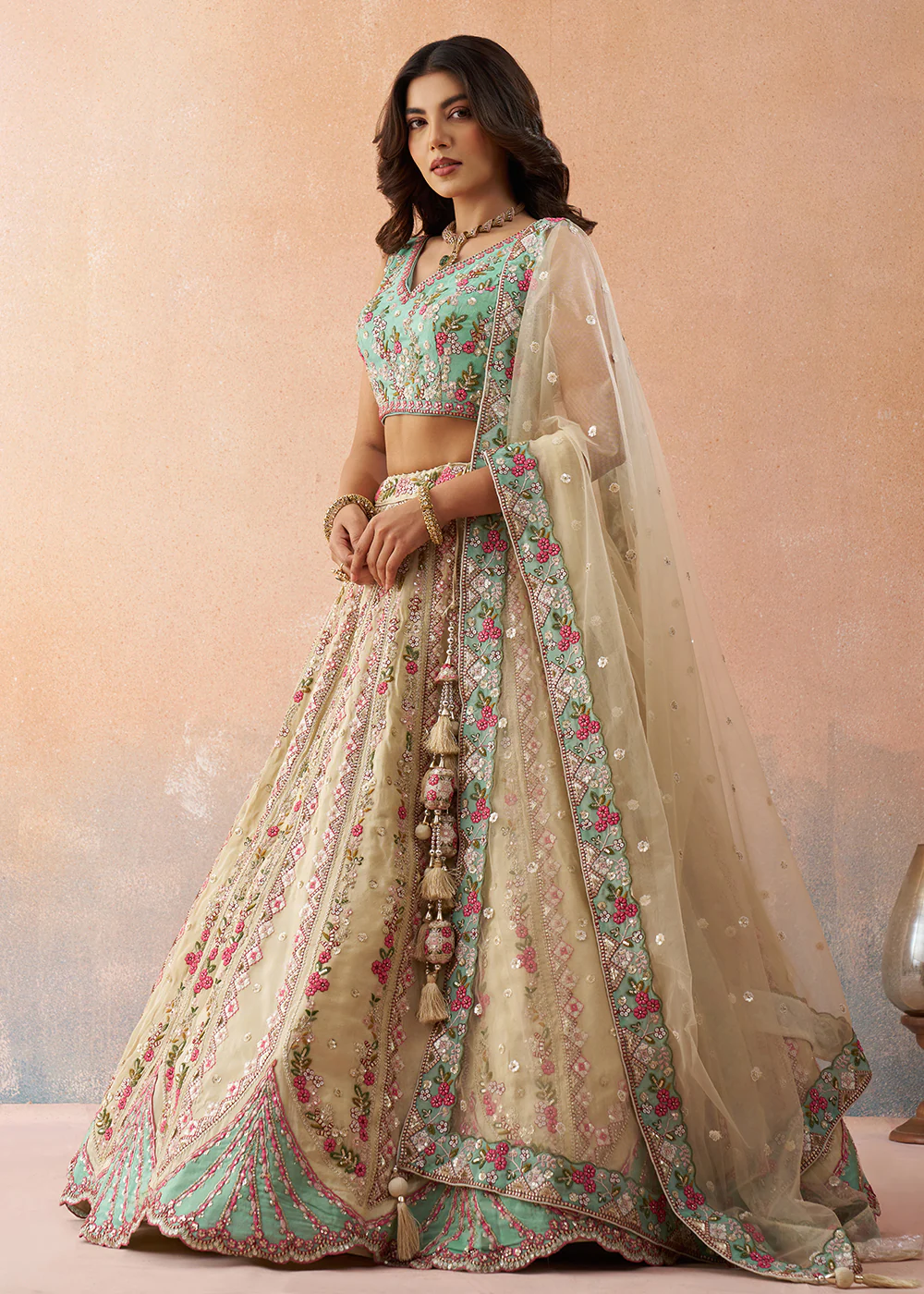 Cream & Sky Tissue Fabric Premium Wedding Lehenga Choli - Image 5