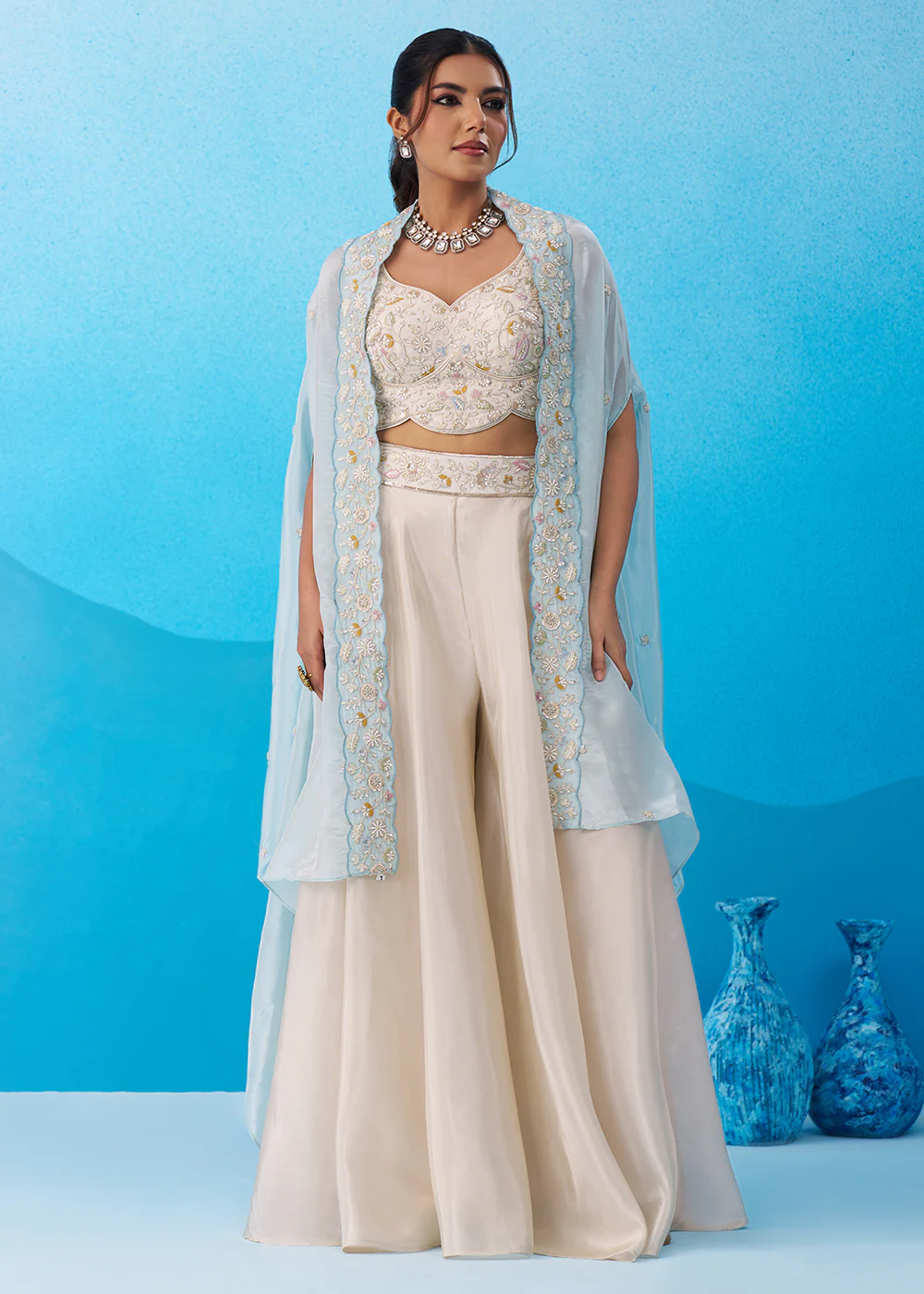 Cream & Sky Viscose Beads Embroidered Crop Top Palazzo Set