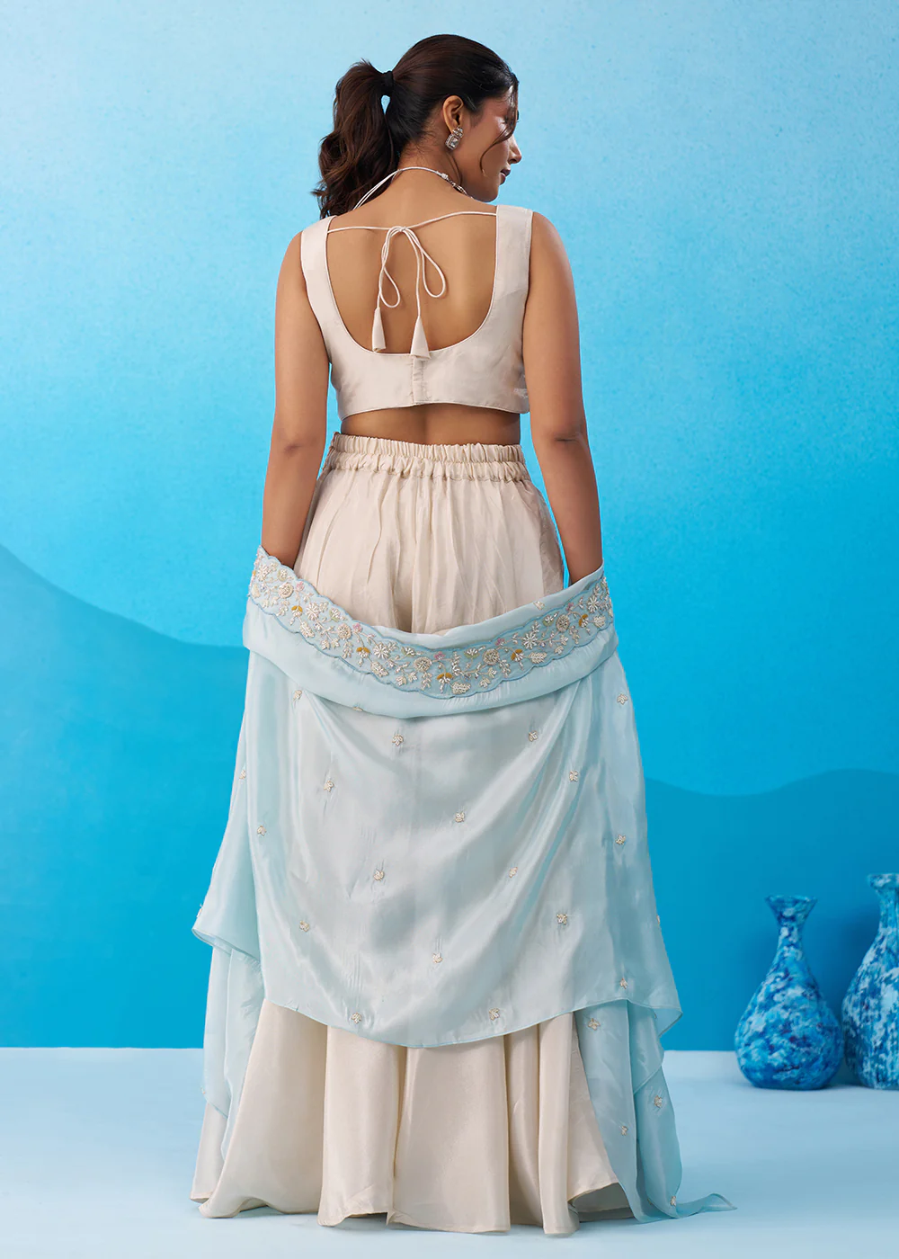 Cream & Sky Viscose Beads Embroidered Crop Top Palazzo Set - Image 3