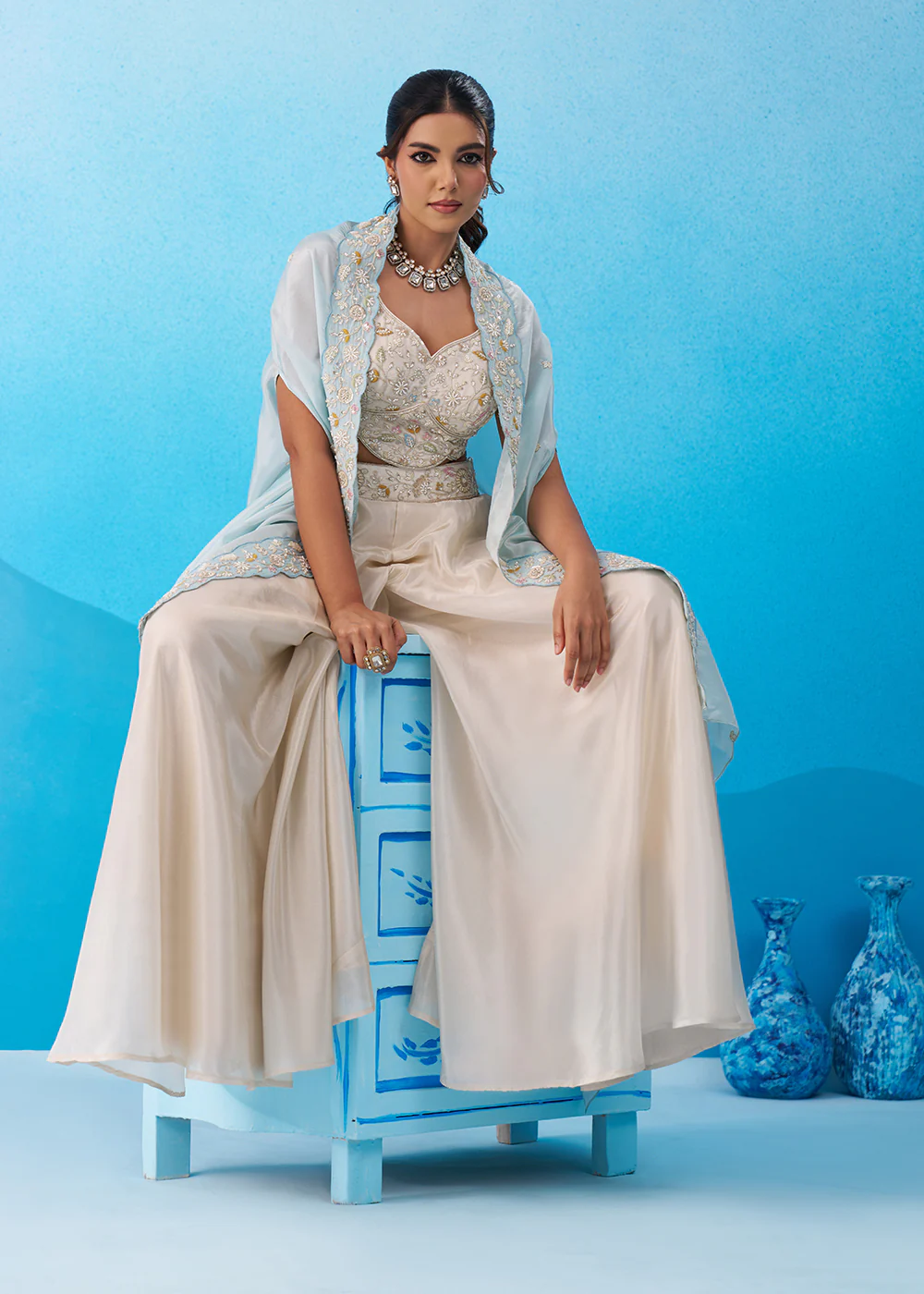 Cream & Sky Viscose Beads Embroidered Crop Top Palazzo Set - Image 4