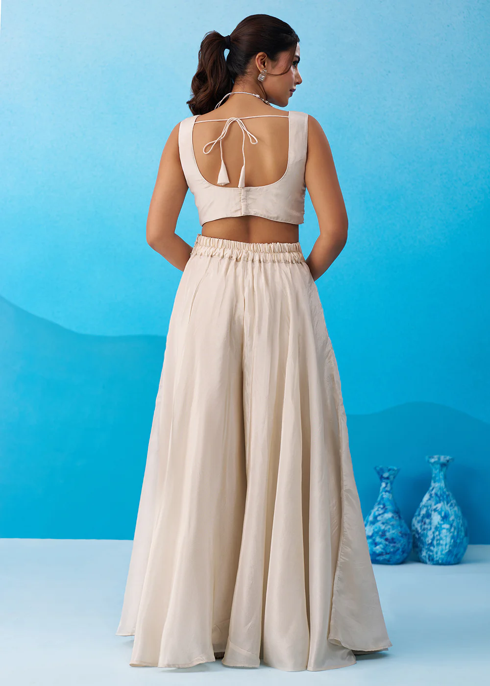 Cream & Sky Viscose Beads Embroidered Crop Top Palazzo Set - Image 6