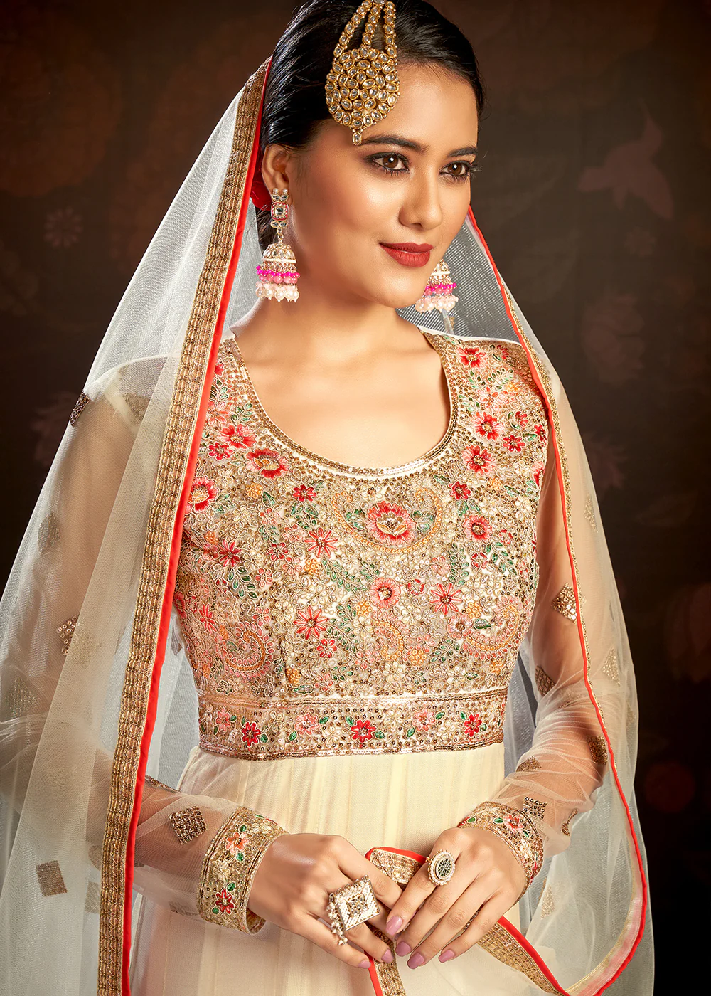 Cream Sparkly Net Embroidered Designer Anarkali Suit - Image 2