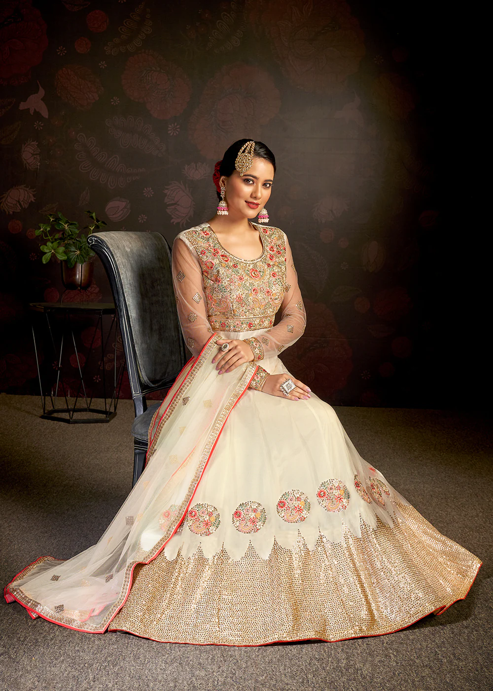 Cream Sparkly Net Embroidered Designer Anarkali Suit - Image 3