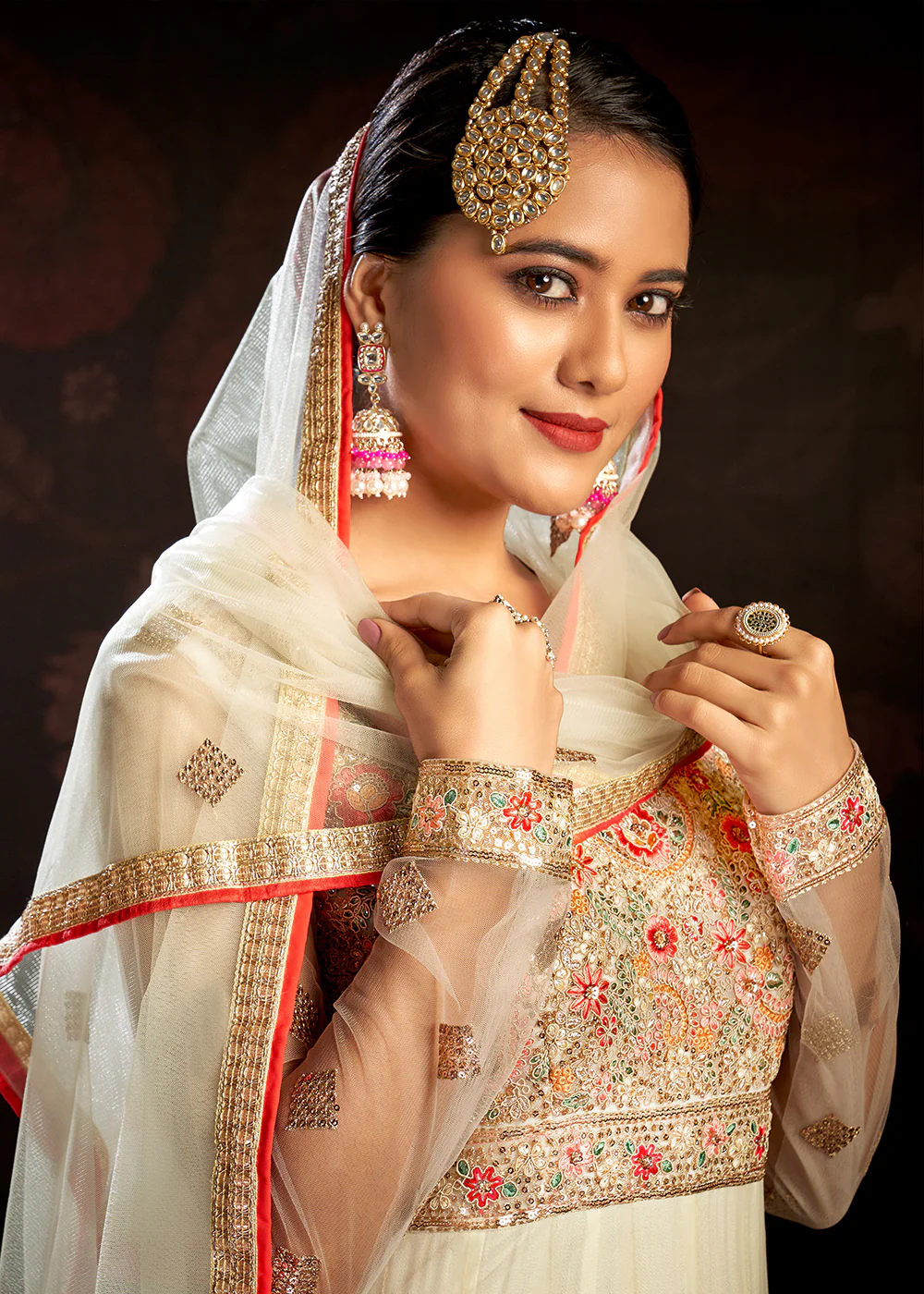 Cream Sparkly Net Embroidered Designer Anarkali Suit - Image 4