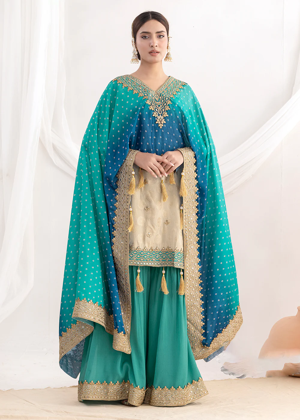 Cream & Teal Embroidered Kaftan Style Gharara Dress