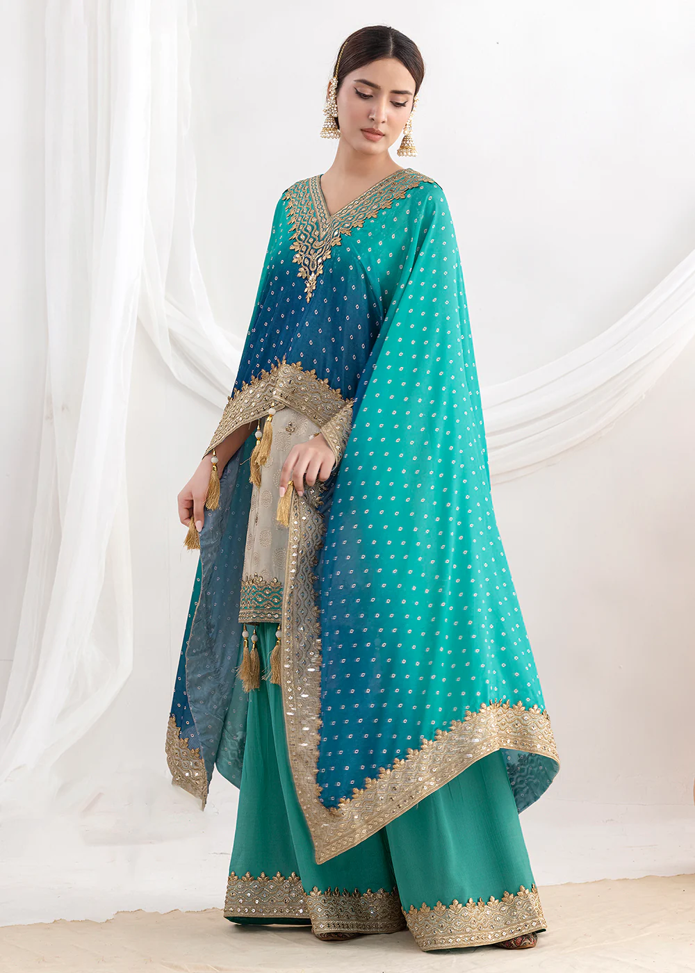 Cream & Teal Embroidered Kaftan Style Gharara Dress - Image 3