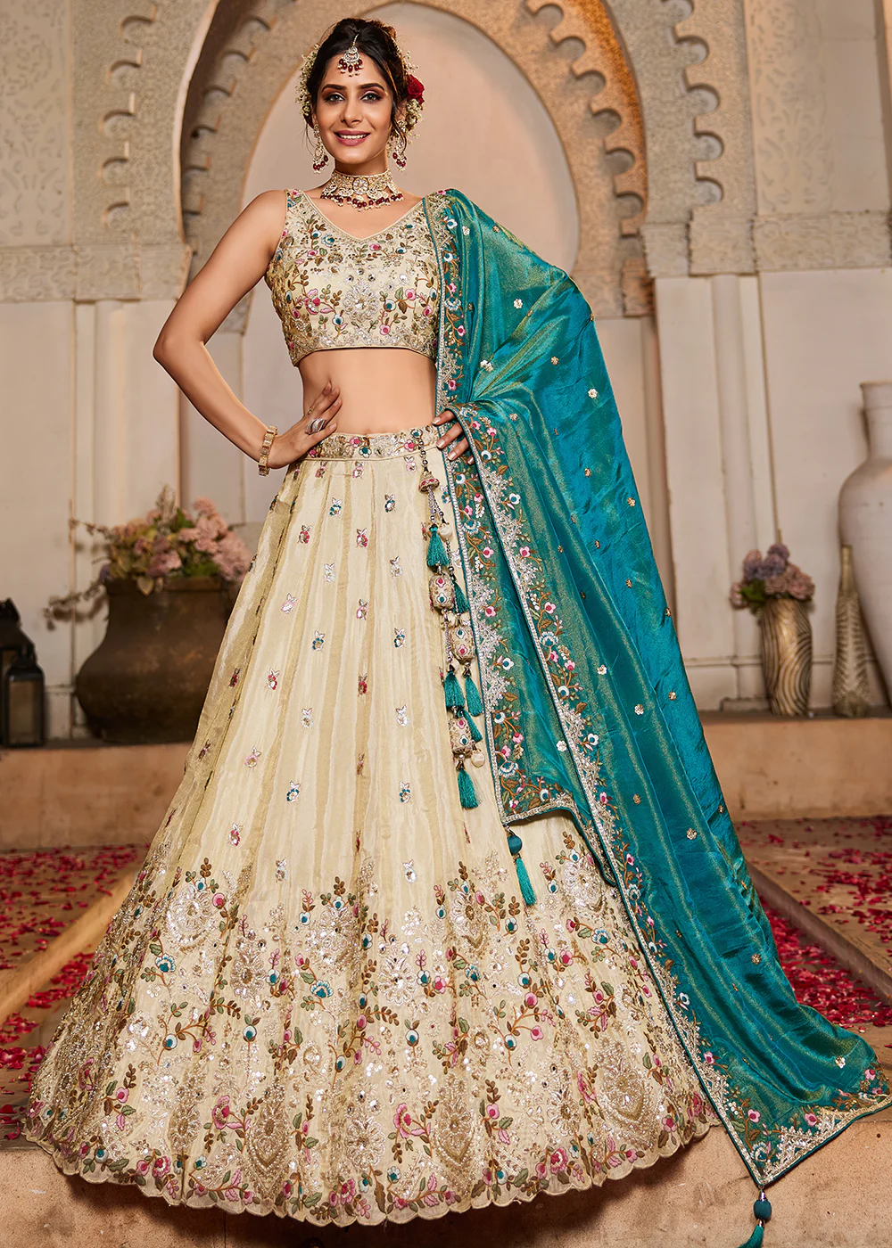 Cream & Teal Heavy Embroidered Wedding Lehenga Choli