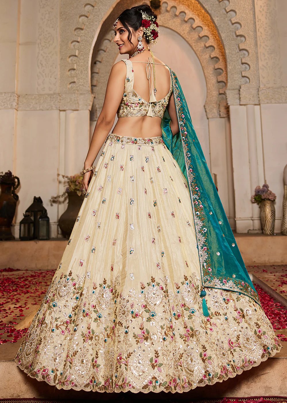 Cream & Teal Heavy Embroidered Wedding Lehenga Choli - Image 3