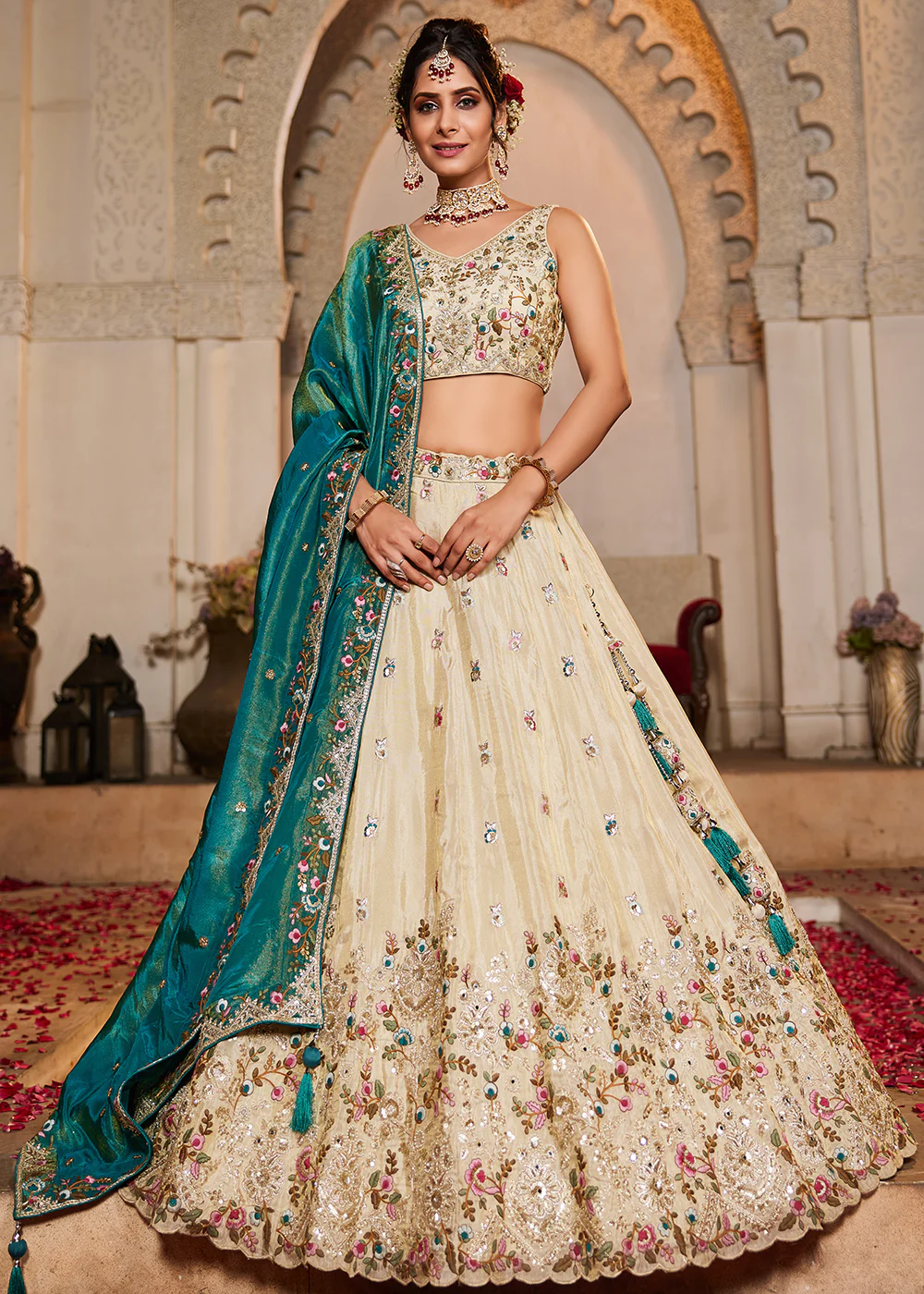 Cream & Teal Heavy Embroidered Wedding Lehenga Choli - Image 4