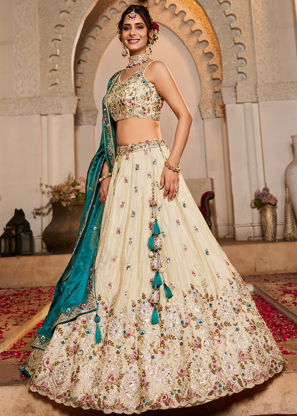 Cream & Teal Heavy Embroidered Wedding Lehenga Choli - Image 6