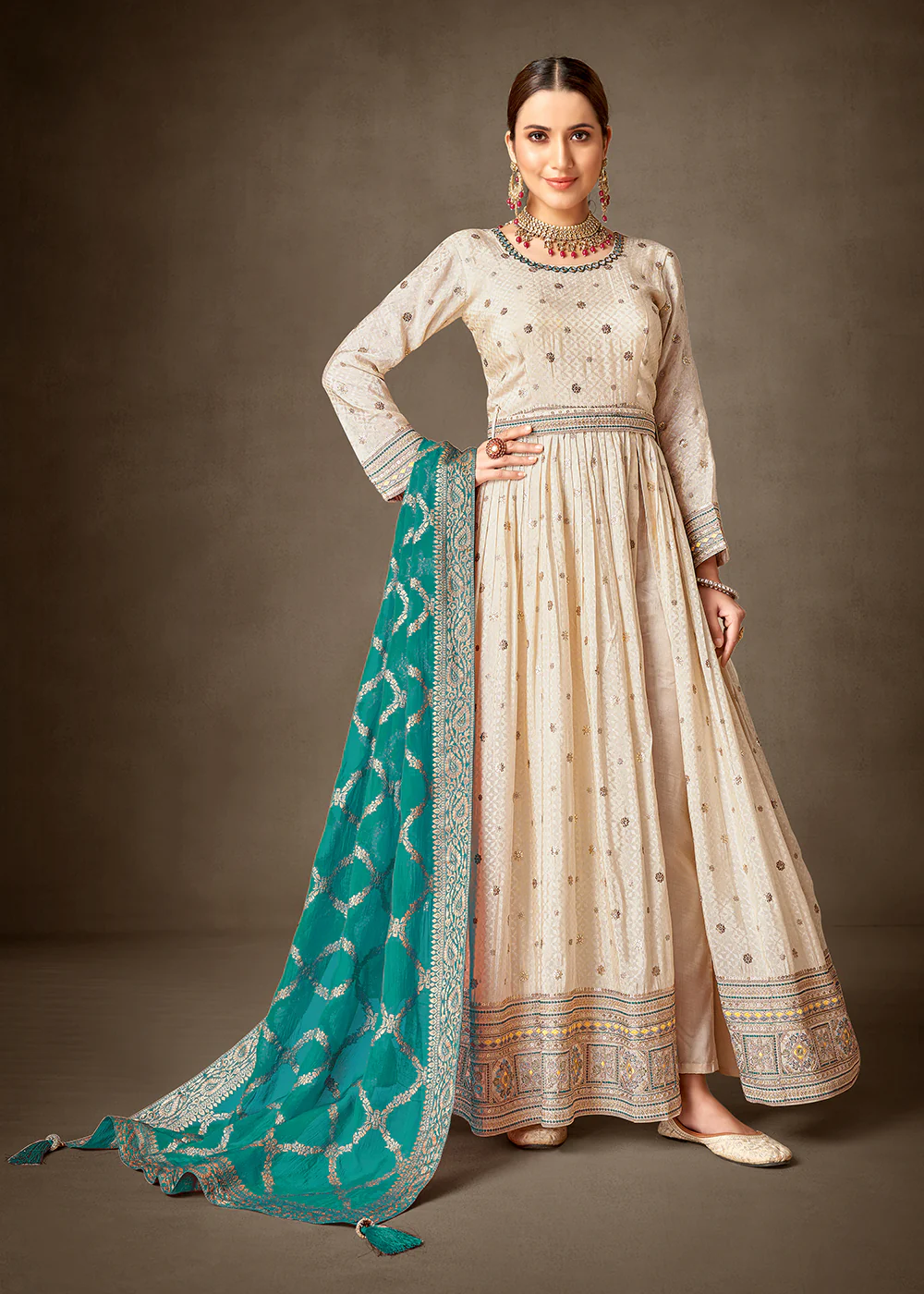 Cream & Teal Pure Silk Jacquard Slit Style Anarkali Dress - Image 3