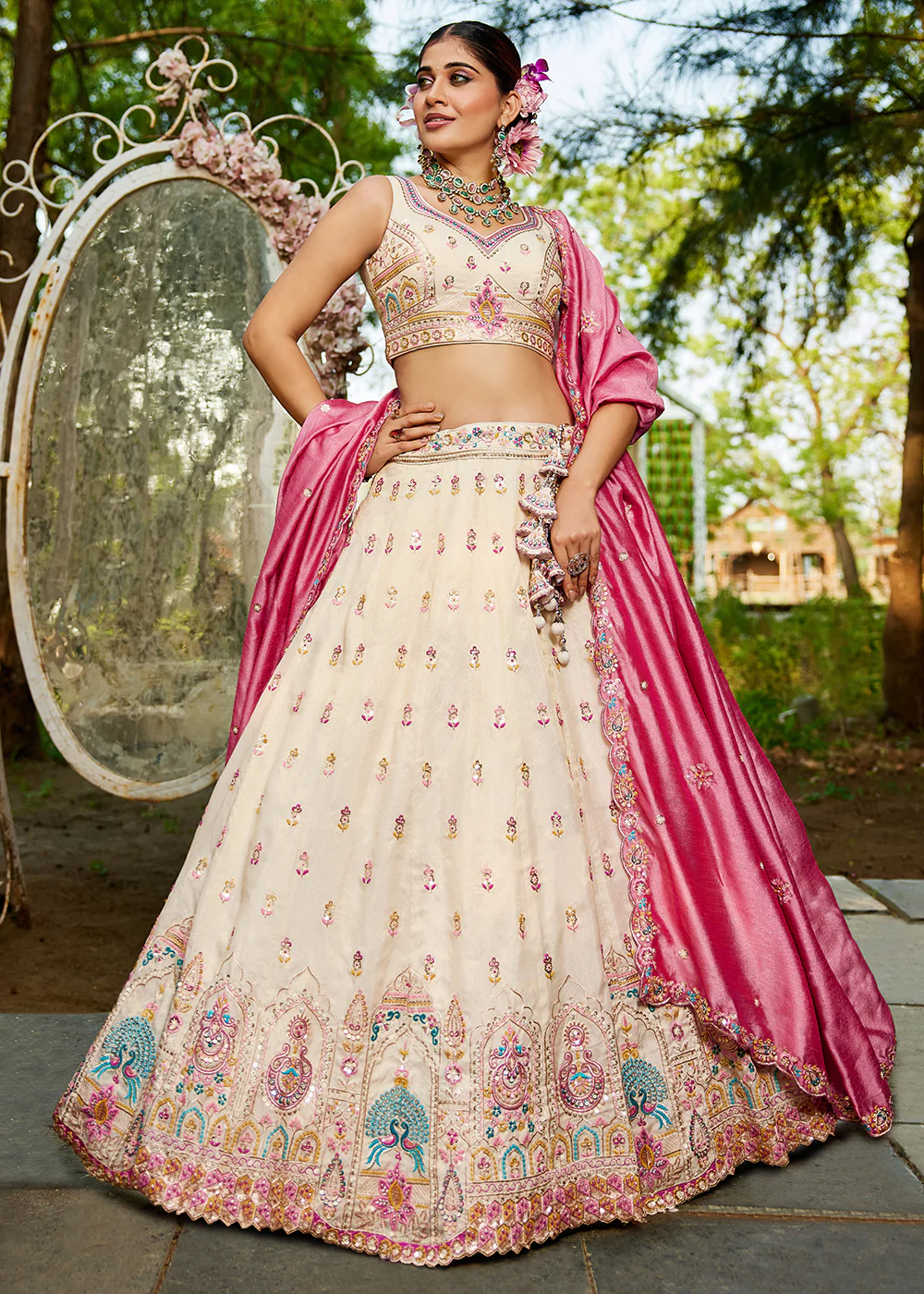 Cream Tissue Fabric Embroidered Reception Lehenga Choli