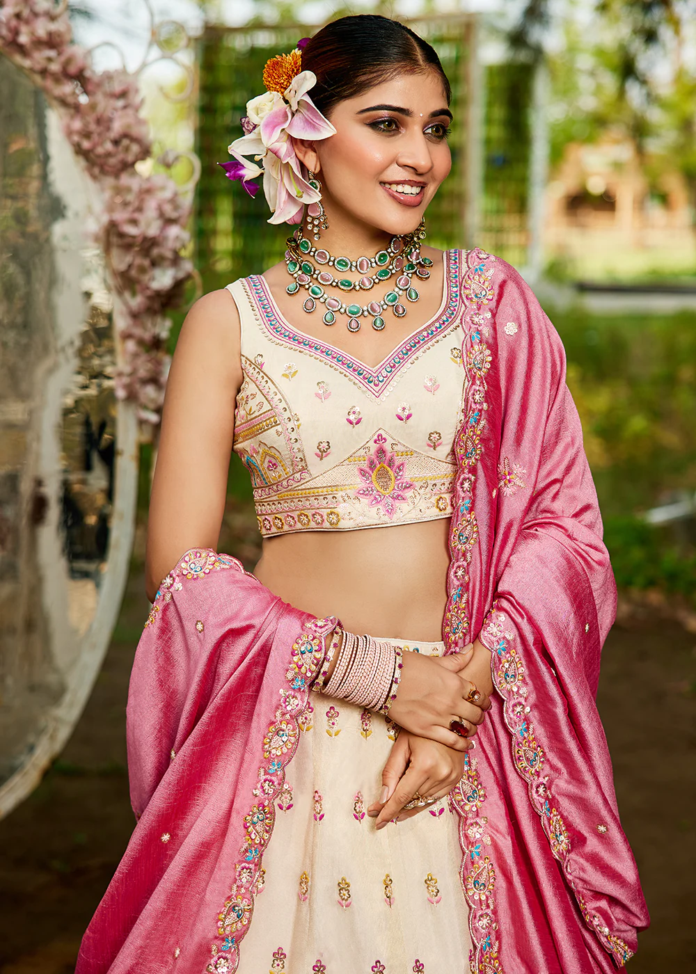 Cream Tissue Fabric Embroidered Reception Lehenga Choli - Image 2