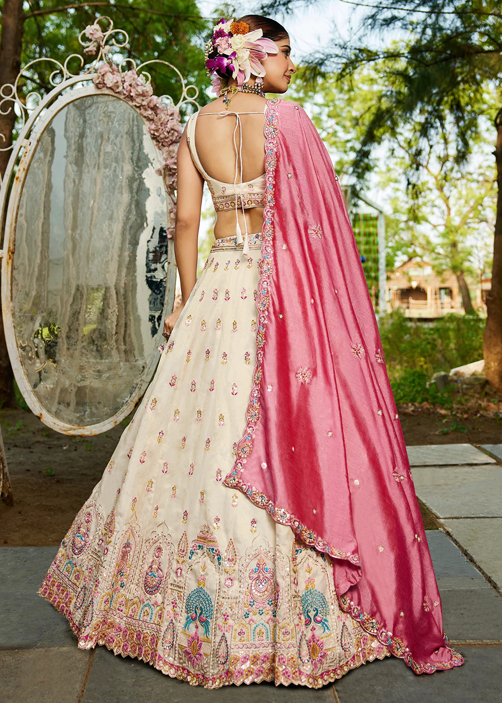 Cream Tissue Fabric Embroidered Reception Lehenga Choli - Image 3