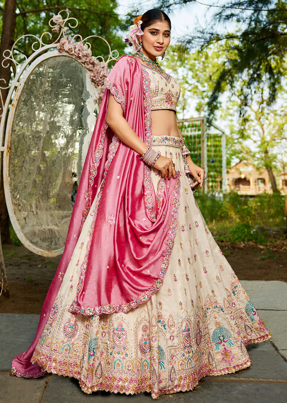 Cream Tissue Fabric Embroidered Reception Lehenga Choli - Image 4