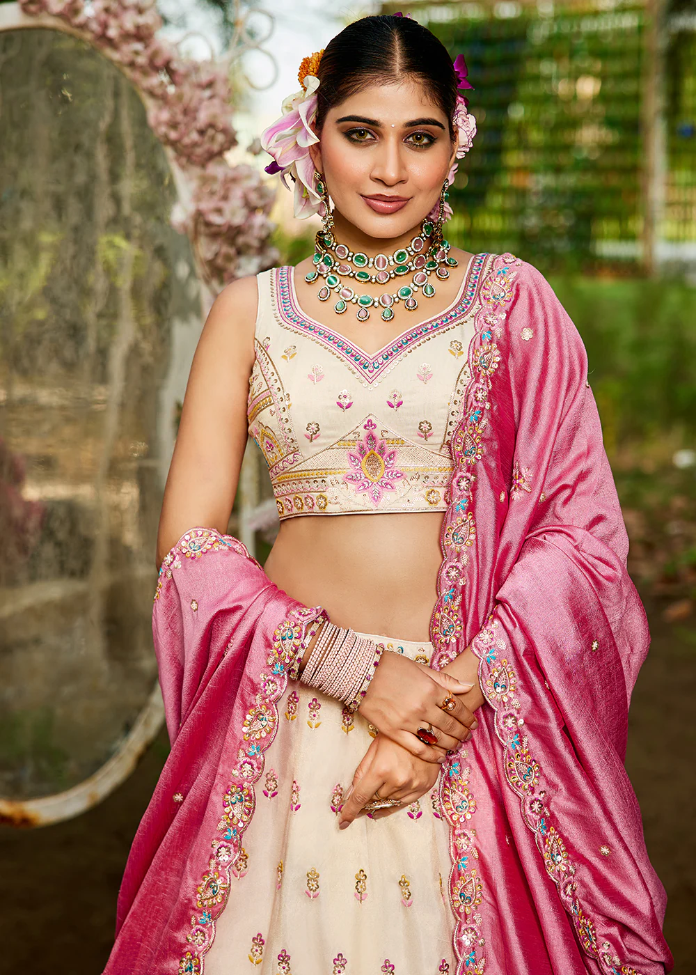 Cream Tissue Fabric Embroidered Reception Lehenga Choli - Image 5