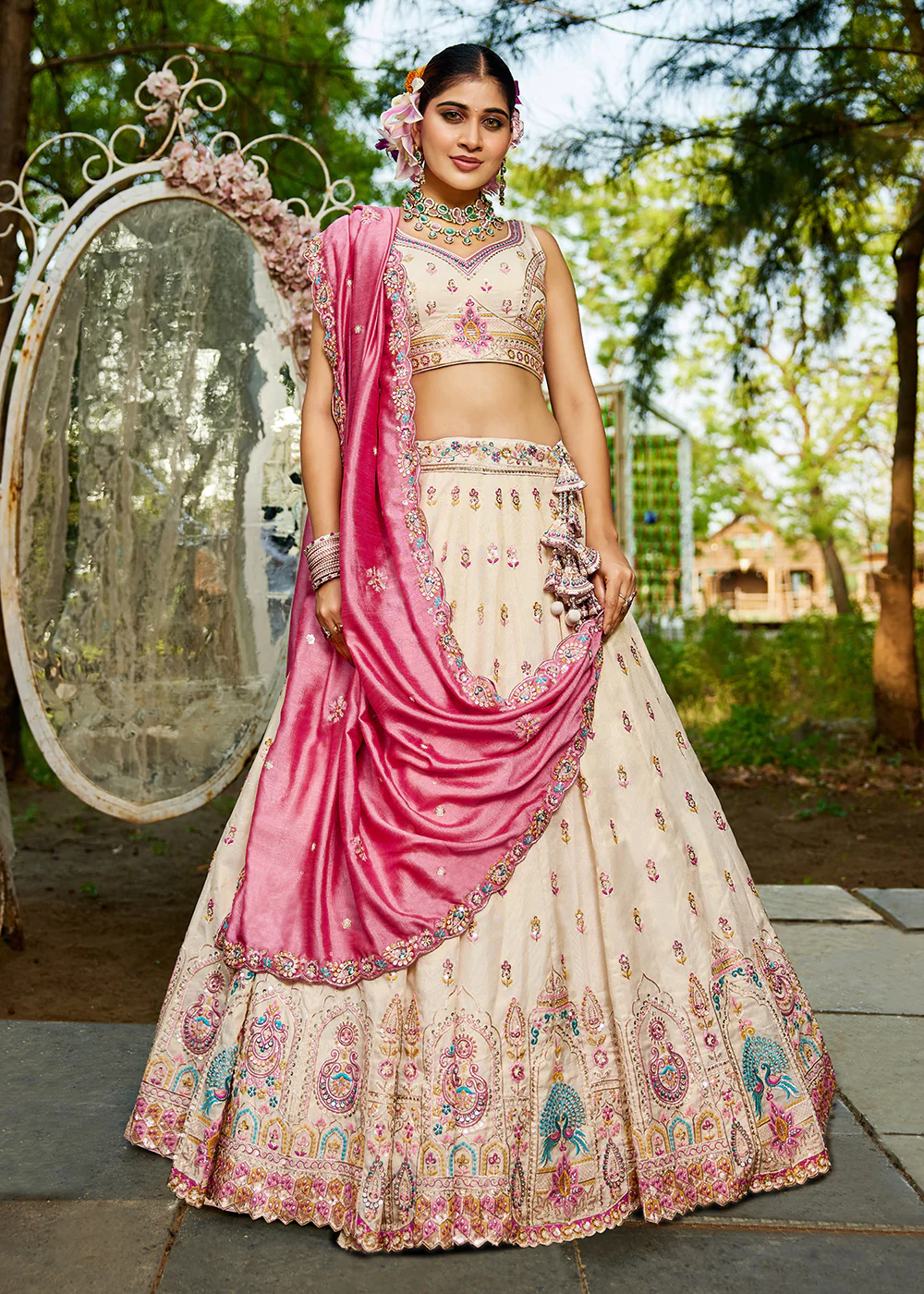 Cream Tissue Fabric Embroidered Reception Lehenga Choli - Image 6