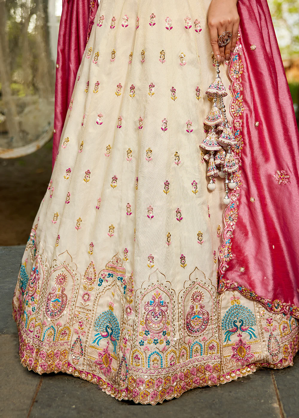 Cream Tissue Fabric Embroidered Reception Lehenga Choli - Image 7