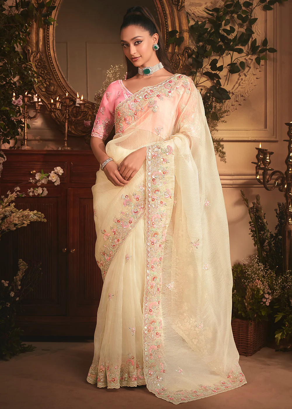 Cream Tissue Organza Silk Embroidered Designer Saree