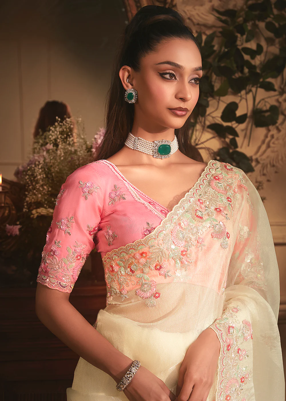 Cream Tissue Organza Silk Embroidered Designer Saree - Image 2