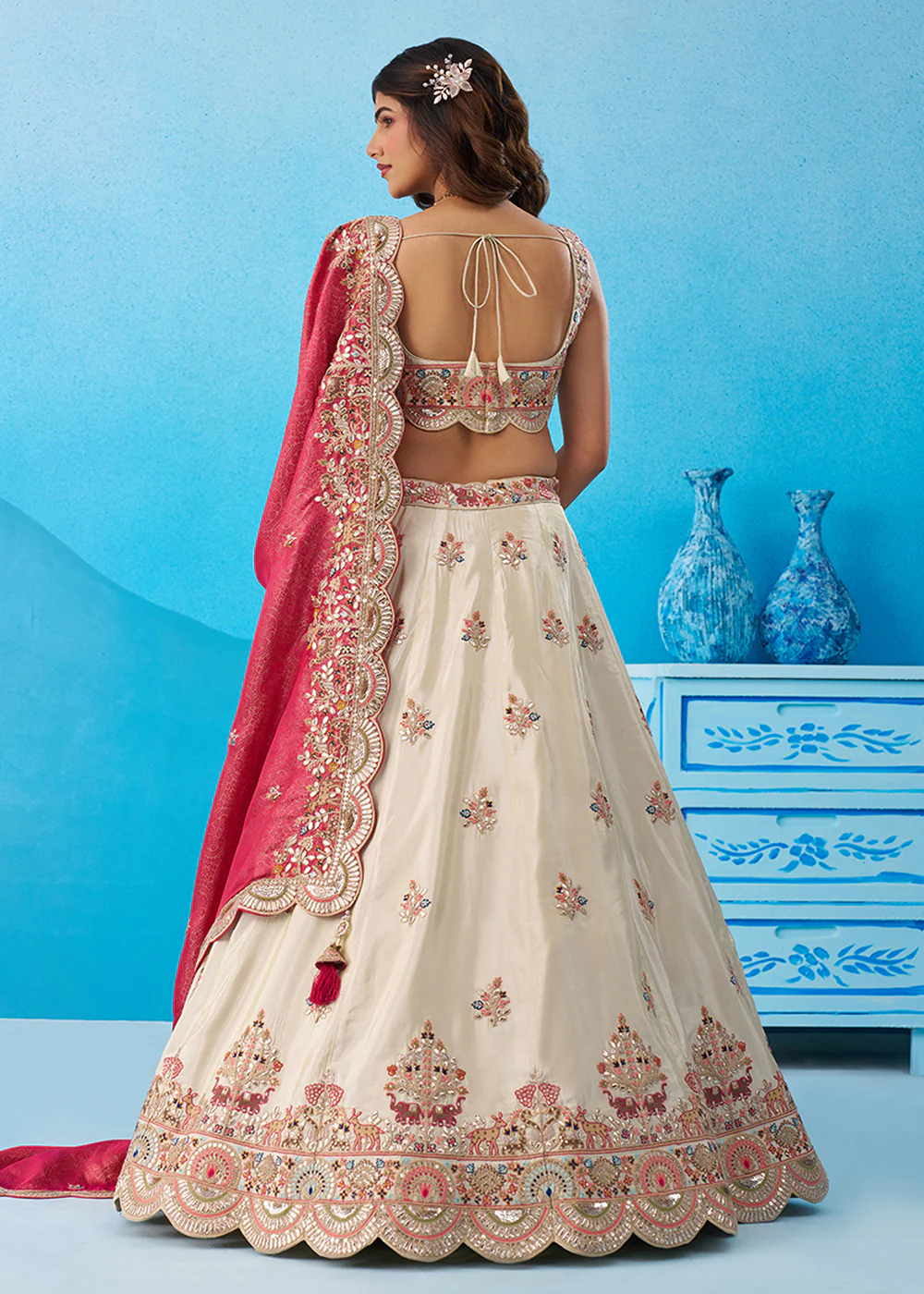 Cream Tissue Sequins Embroidered Lehenga with Pink Dupatta - Image 3