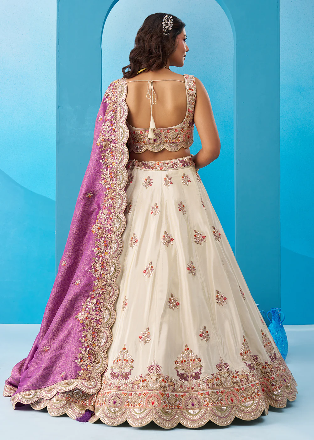 Cream Tissue Sequins Embroidered Lehenga with Purple Dupatta - Image 3