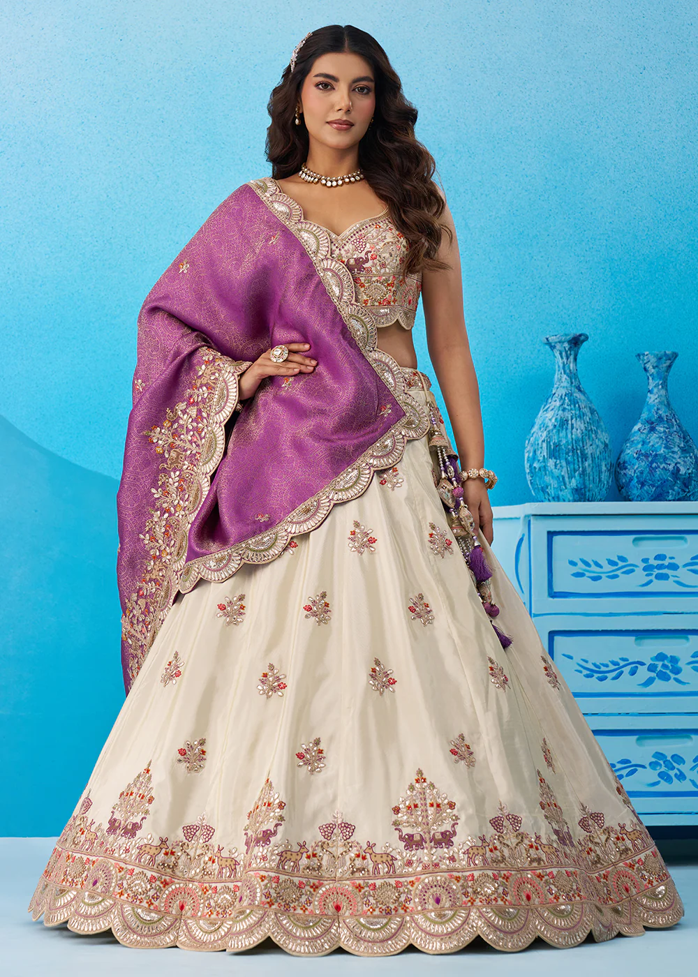 Cream Tissue Sequins Embroidered Lehenga with Purple Dupatta - Image 4