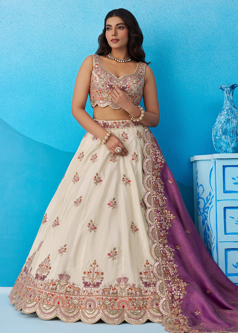 Cream Tissue Sequins Embroidered Lehenga with Purple Dupatta - Image 5