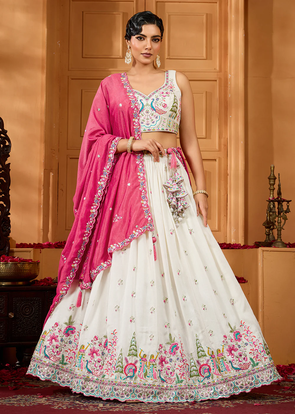 Cream Vichitra Silk Embroidered Festive Lehenga Choli