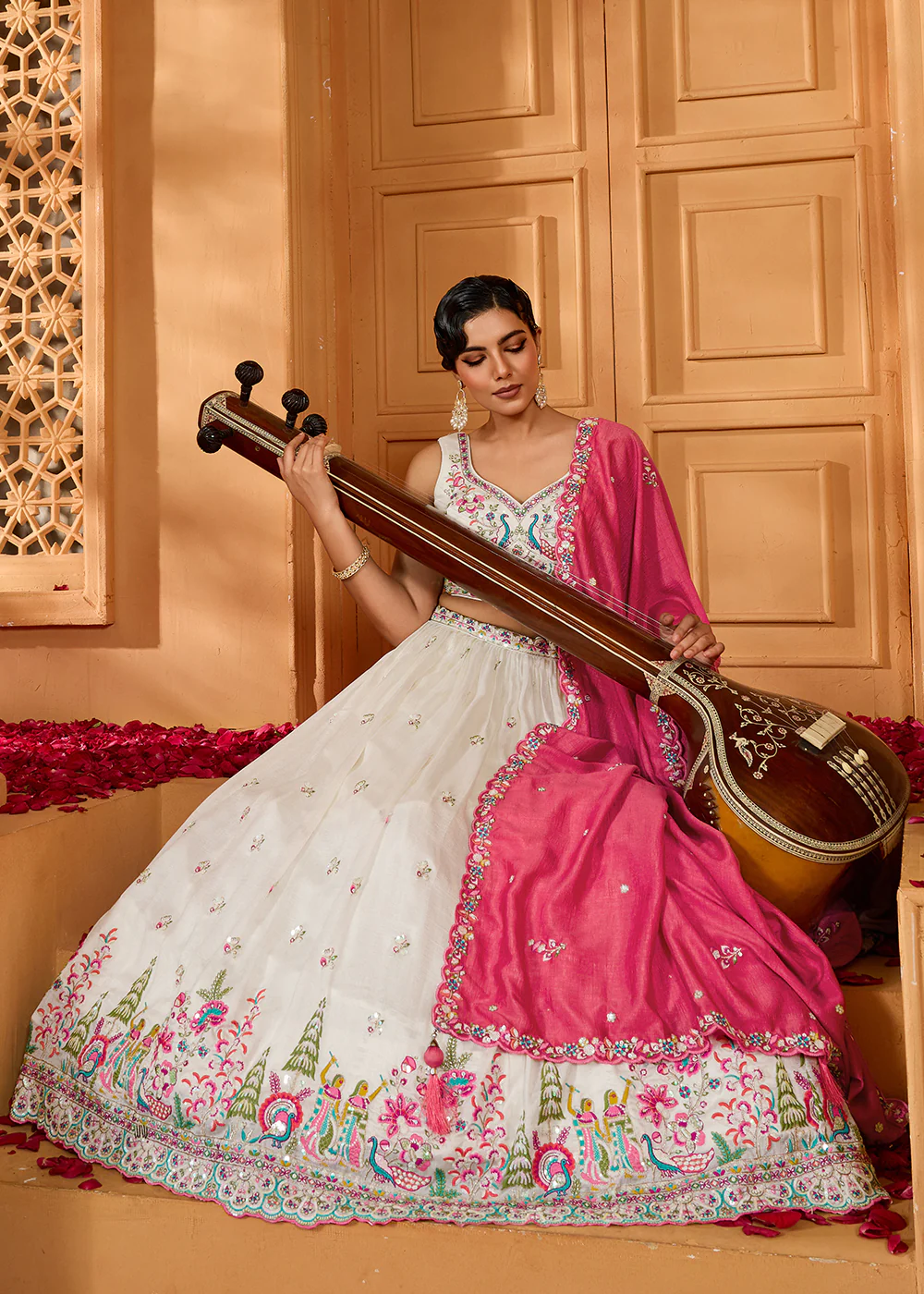 Cream Vichitra Silk Embroidered Festive Lehenga Choli - Image 4