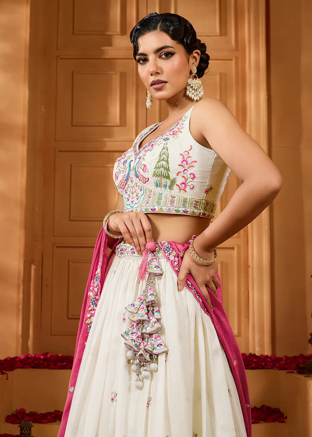 Cream Vichitra Silk Embroidered Festive Lehenga Choli - Image 5