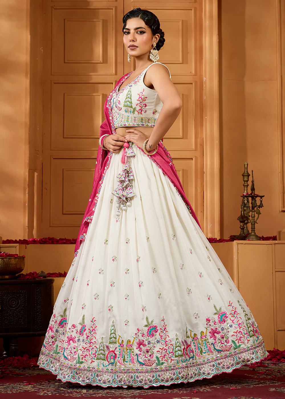 Cream Vichitra Silk Embroidered Festive Lehenga Choli - Image 6