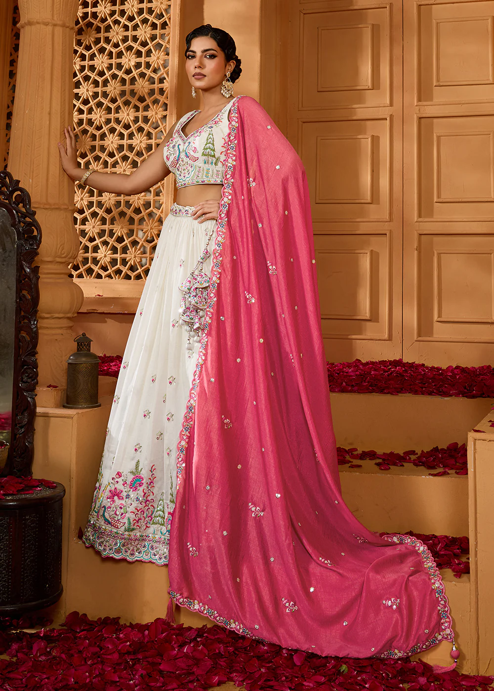 Cream Vichitra Silk Embroidered Festive Lehenga Choli - Image 7