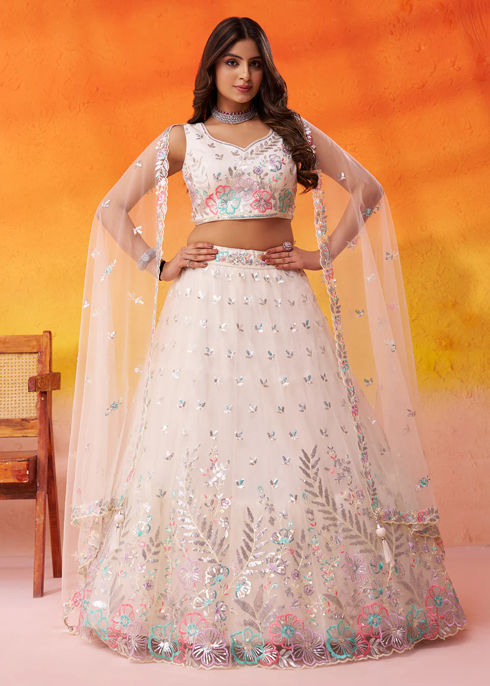Cream Wedding & Party Style Net Lehenga Choli - Image 4