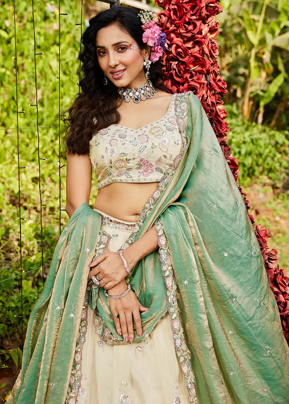 Cream with Green Dupatta Embroidered Designer Lehenga Choli - Image 2