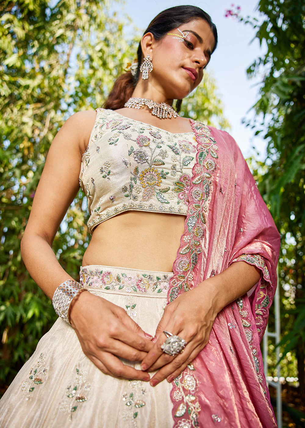 Cream with Pink Dupatta Embroidered Designer Lehenga Choli - Image 5