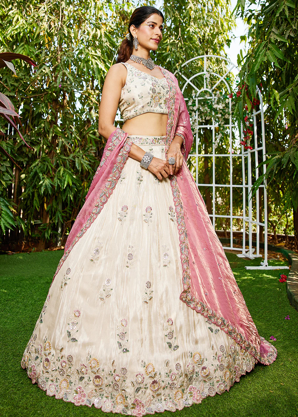 Cream with Pink Dupatta Embroidered Designer Lehenga Choli - Image 6