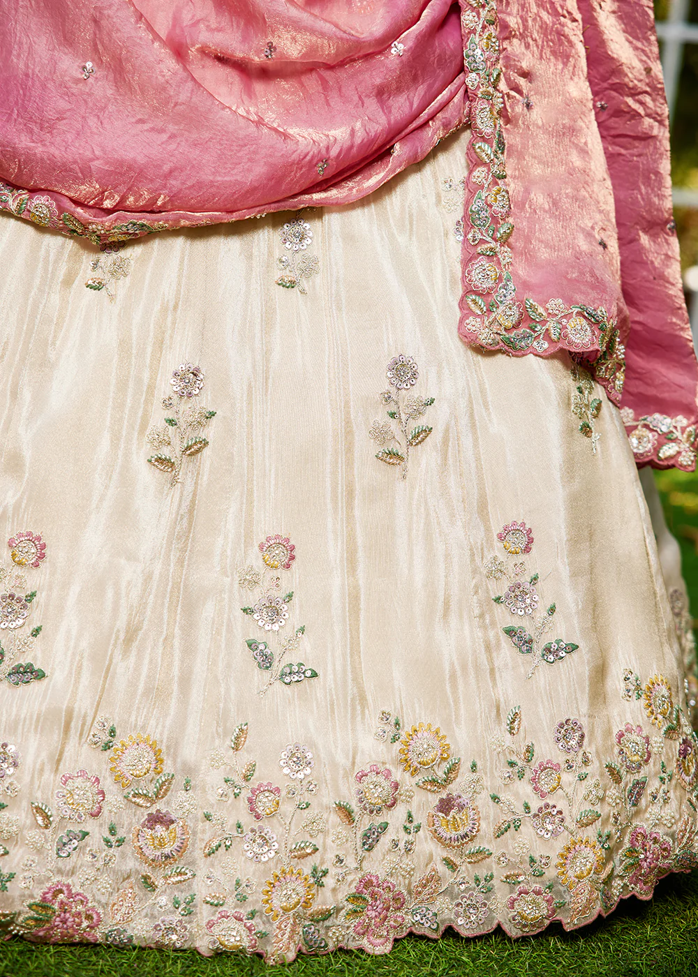 Cream with Pink Dupatta Embroidered Designer Lehenga Choli - Image 8
