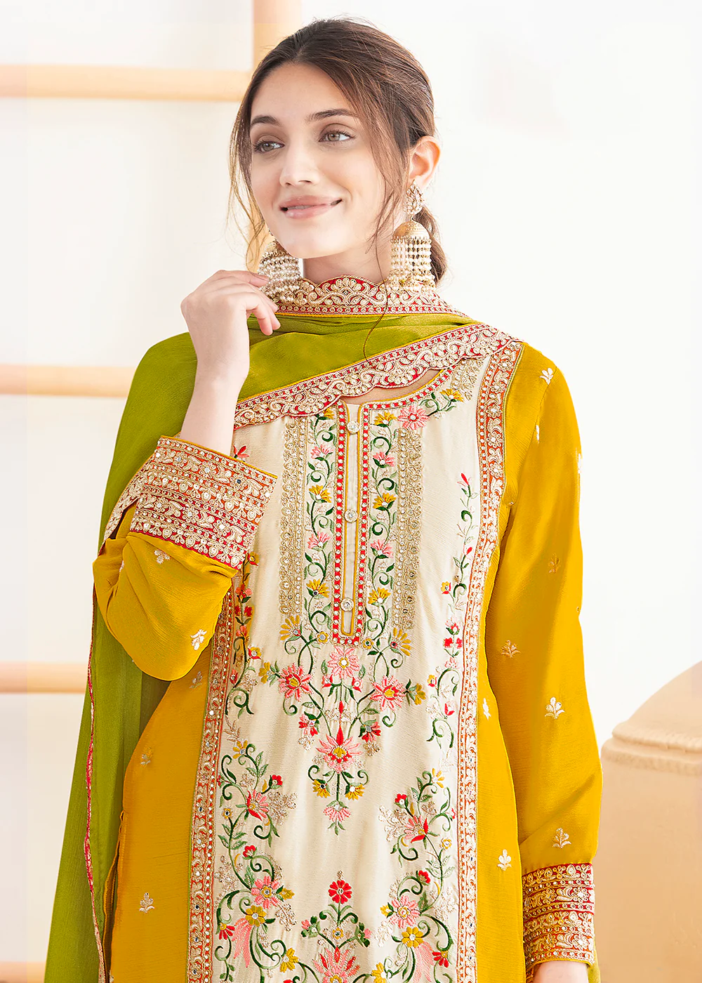 Cream & Yellow Dabka Dori & Mirror Pant Style Suit - Image 2