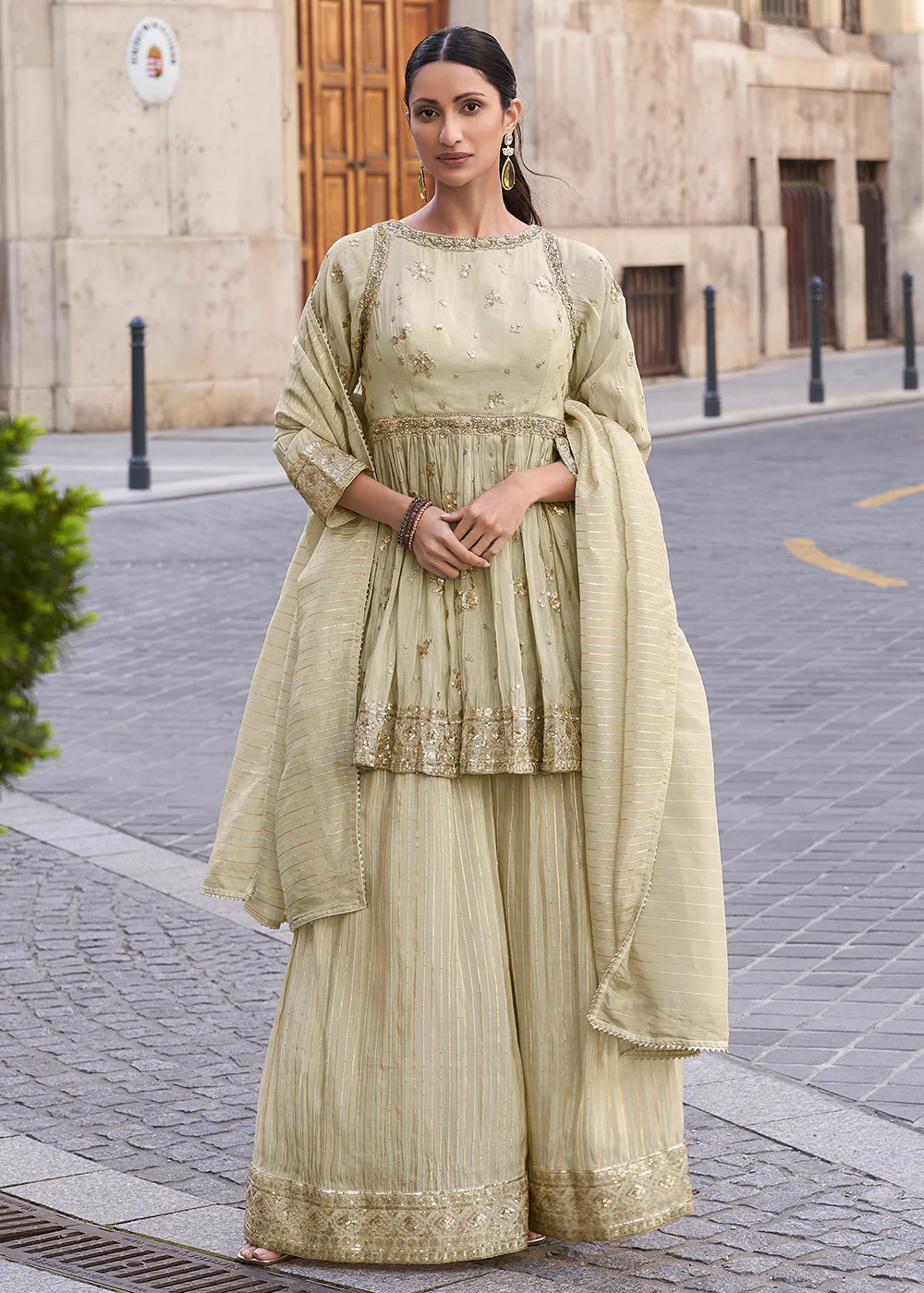 Creamy Beige Shimmer Silk Embroidered Sharara Style Suit