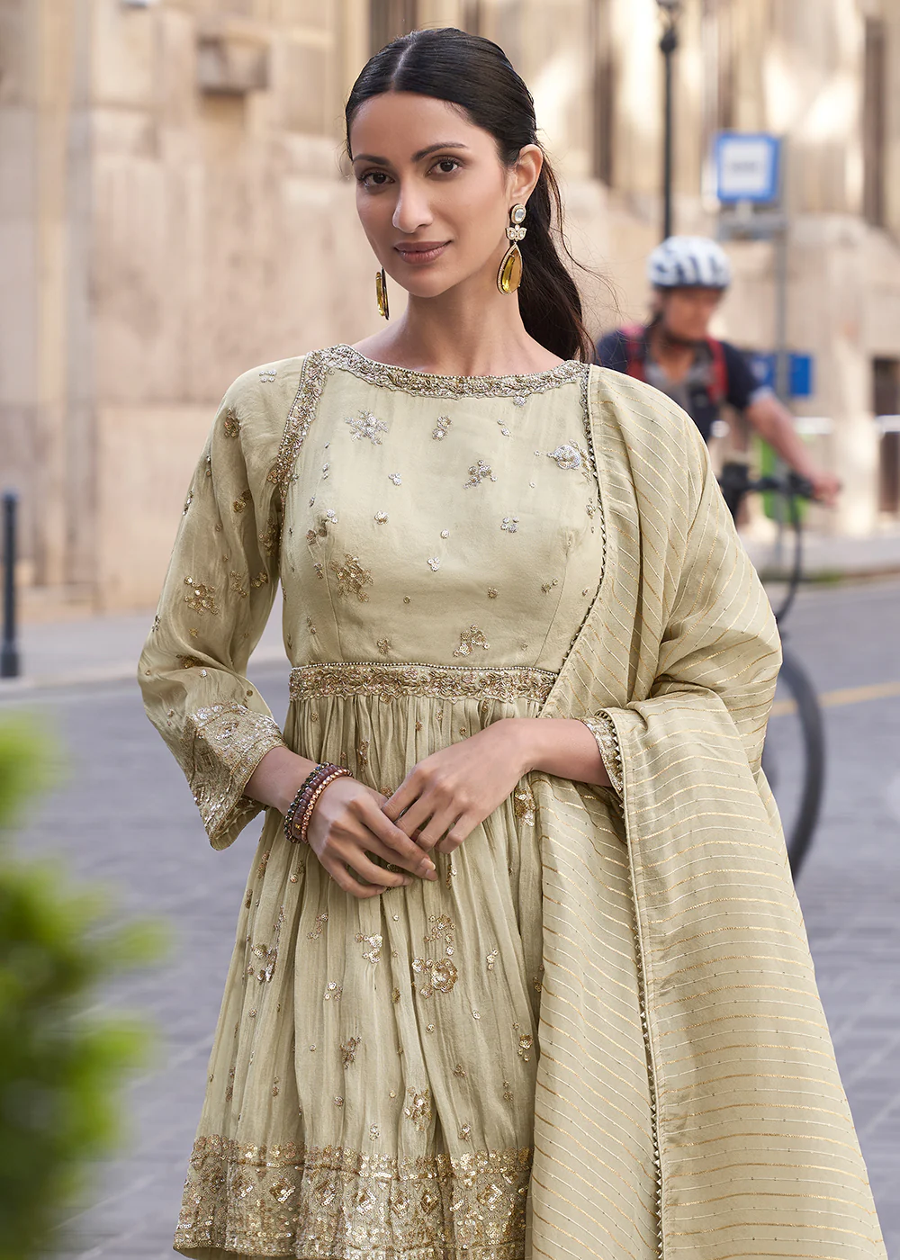 Creamy Beige Shimmer Silk Embroidered Sharara Style Suit - Image 2