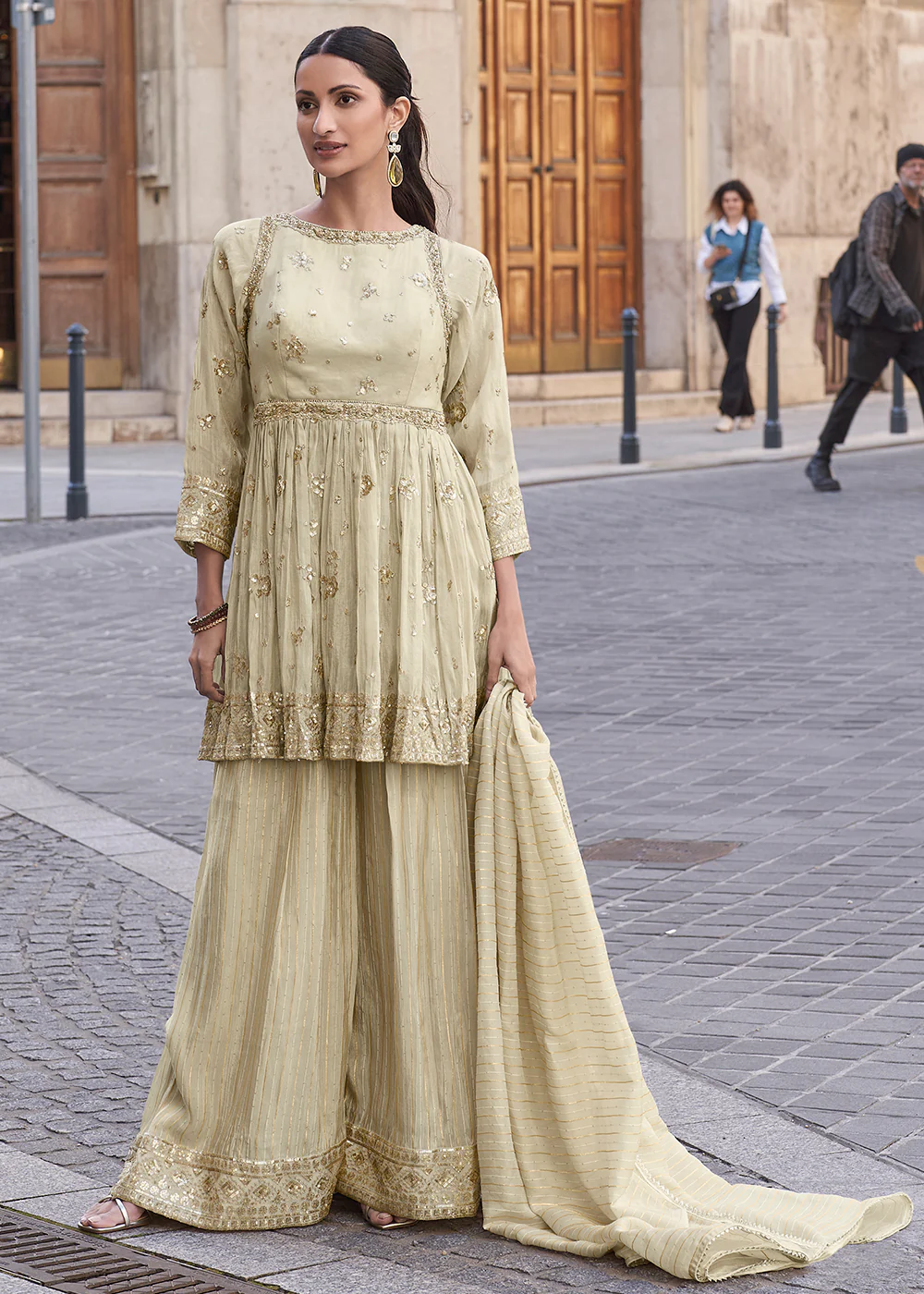 Creamy Beige Shimmer Silk Embroidered Sharara Style Suit - Image 3