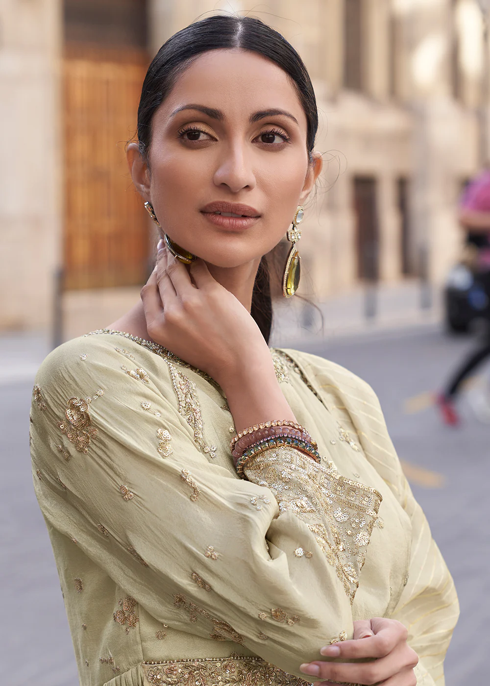 Creamy Beige Shimmer Silk Embroidered Sharara Style Suit - Image 4