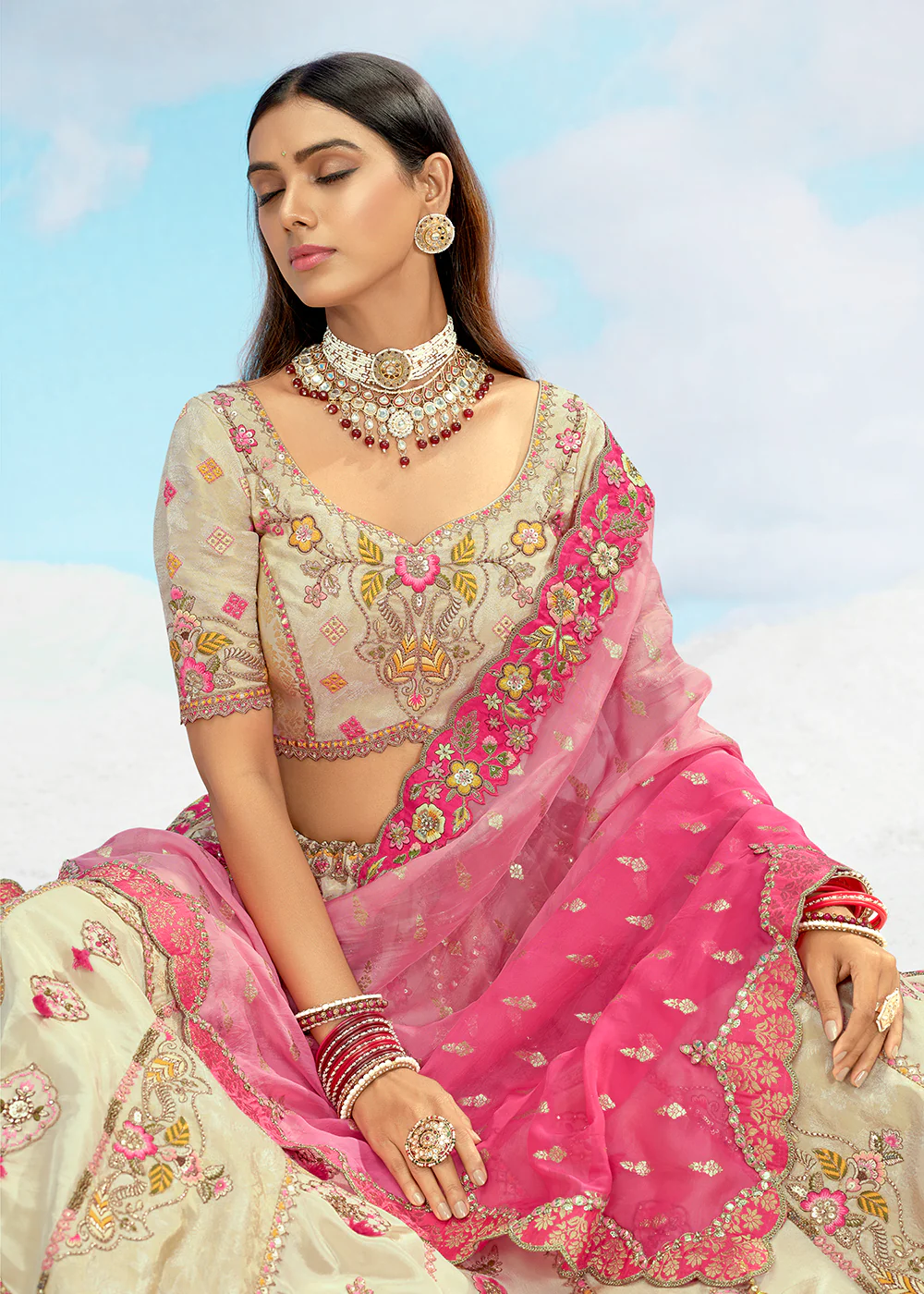 Creamy Fancy Silk Heavy Embroidered Bridal Lehenga Choli - Image 2